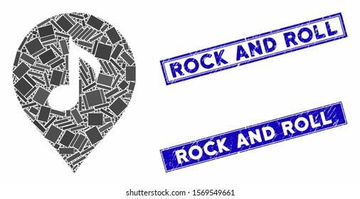 Mosaic music marker icon and rectangular seals. Flat vector music marker mosaic icon of random rotated rectangular elements. Blue caption rubber seals with grunge surface.