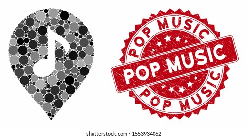 Mosaic music marker and rubber stamp seal with Pop Music phrase. Mosaic vector is created with music marker icon and with random circle items. Pop Music stamp seal uses red color, and dirty design.