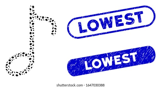 Mosaic music note and corroded stamp seals with Lowest caption. Mosaic vector music note is formed with randomized elliptic items. Lowest stamp seals use blue color, and have round rectangle shape.