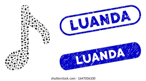 Mosaic music note and corroded stamp seals with Luanda phrase. Mosaic vector music note is composed with scattered oval elements. Luanda stamp seals use blue color, and have round rectangle shape.
