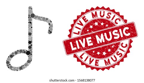 Mosaic music note and distressed stamp seal with Live Music text. Mosaic vector is formed with music note icon and with random spheric elements. Live Music stamp seal uses red color,