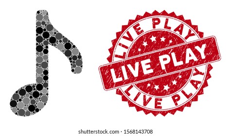 Mosaic music note and distressed stamp seal with Live Play phrase. Mosaic vector is created with music note icon and with scattered circle spots. Live Play stamp uses red color, and grunge design.