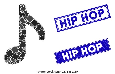 Mosaic music note icon and rectangle Hip Hop stamps. Flat vector music note mosaic icon of random rotated rectangle elements. Blue Hip Hop seal stamps with scratched surface.