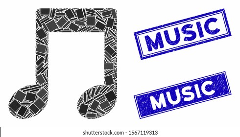 Mosaic music notes pictogram and rectangle seal stamps. Flat vector music notes mosaic pictogram of randomized rotated rectangle elements. Blue caption seal stamps with dirty textures.