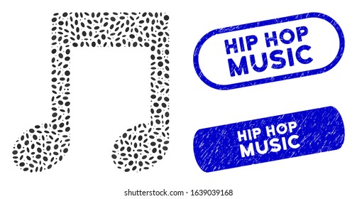 Mosaic music notes and rubber stamp seals with Hip Hop Music text. Mosaic vector music notes is created with randomized elliptic dots. Hip Hop Music stamp seals use blue color,
