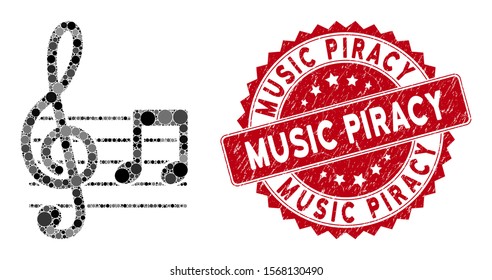 Mosaic musical notation and rubber stamp seal with Music Piracy text. Mosaic vector is composed with musical notation icon and with randomized spheric items. Music Piracy stamp seal uses red color,