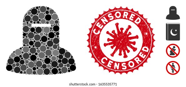 Mosaic muslim hijab icon and red round corroded stamp seal with Censored phrase and coronavirus symbol. Mosaic vector is created with muslim hijab icon and with random circle elements.