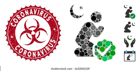 Mosaic for muslims icon and corroded stamp seal with Coronavirus text and biohazard symbol. Mosaic vector is designed with for muslims pictogram and with random round items.