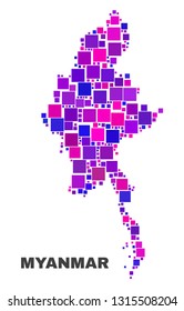 Mosaic Myanmar map isolated on a white background. Vector geographic abstraction in pink and violet colors. Mosaic of Myanmar map combined of random small squares.