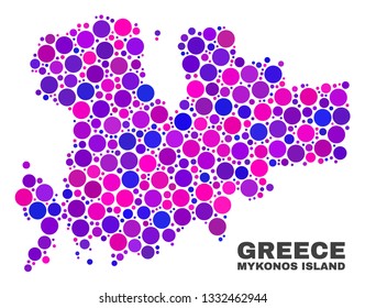 Mosaic Mykonos Island map isolated on a white background. Vector geographic abstraction in pink and violet colors. Mosaic of Mykonos Island map combined of random round items.