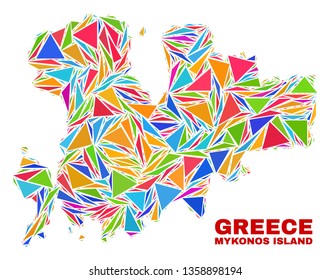 Mosaic Mykonos Island map of triangles in bright colors isolated on a white background. Triangular collage in shape of Mykonos Island map. Abstract design for patriotic illustrations.