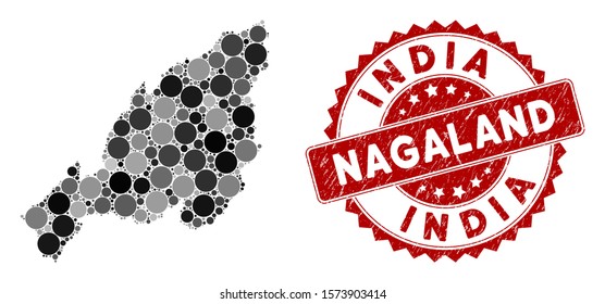Mosaic Nagaland State map and circle stamp. Flat vector Nagaland State map mosaic of randomized circle elements. Red stamp with scratched surface. Designed for political and patriotic propaganda.
