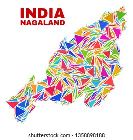 Mosaic Nagaland State map of triangles in bright colors isolated on a white background. Triangular collage in shape of Nagaland State map. Abstract design for patriotic illustrations.
