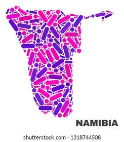 Mosaic Namibia map isolated on a white background. Vector geographic abstraction in pink and violet colors. Mosaic of Namibia map combined of scattered round points and lines.