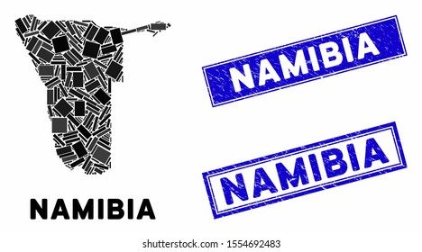 Mosaic Namibia map and rectangular rubber prints. Flat vector Namibia map mosaic of scattered rotated rectangular items. Blue caption rubber seals with grunge texture.