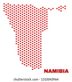 Mosaic Namibia map of valentine hearts in red color isolated on a white background. Regular red heart pattern in shape of Namibia map. Abstract design for Valentine illustrations.
