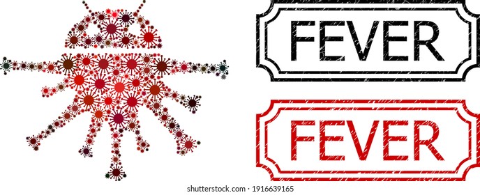 Mosaic nanobot designed from SARS virus items, and grunge Fever rectangle seal stamps with notches. Vector viral items are organized into abstract mosaic nanobot icon with red - black gradient.