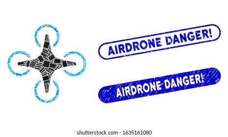 Mosaic nanocopter and rubber stamp seals with Airdrone Danger! phrase. Mosaic vector nanocopter is created with randomized rectangle items. Airdrone Danger! stamp seals use blue color,