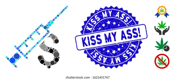 Mosaic narcotic business icon and rubber stamp seal with Kiss My Ass! text. Mosaic vector is formed with narcotic business icon and with randomized round spots. Kiss My Ass! stamp uses blue color,