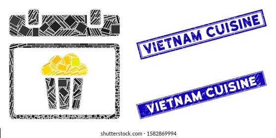 Mosaic national popcorn day icon and rectangular Vietnam Cuisine seal stamps. Flat vector national popcorn day mosaic icon of randomized rotated rectangle items.