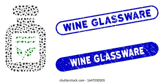 Mosaic natural drugs and rubber stamp seals with Wine Glassware caption. Mosaic vector natural drugs is designed with randomized oval spots. Wine Glassware stamps use blue color,