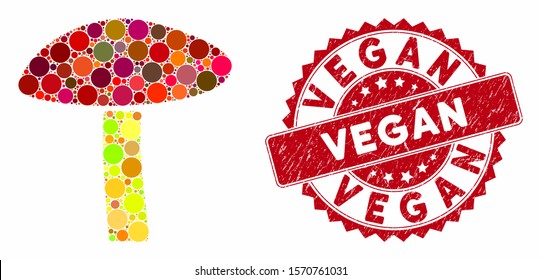 Mosaic natural mushroom and distressed stamp seal with Vegan phrase. Mosaic vector is designed with natural mushroom icon and with random round items. Vegan seal uses red color, and rubber design.