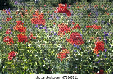 Mosaic nature background. The field of red poppies