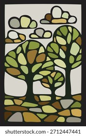 Escena de Naturaleza de mosaico con árboles y nubes en estilo de vidrieras: perfecta para arte de pared de clase con temas ecológicos y Páginas de libros para colorear para niños