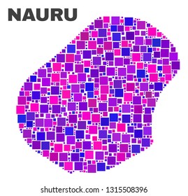 Mosaic Nauru map isolated on a white background. Vector geographic abstraction in pink and violet colors. Mosaic of Nauru map combined of scattered square elements.