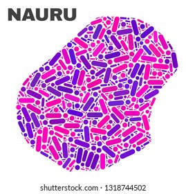 Mosaic Nauru map isolated on a white background. Vector geographic abstraction in pink and violet colors. Mosaic of Nauru map combined of random round points and lines.
