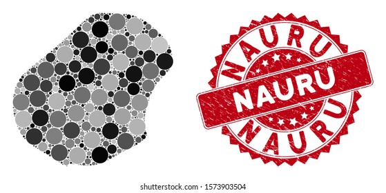 Mosaic Nauru map and round stamp. Flat vector Nauru map mosaic of randomized round elements. Red seal stamp with grunge design. Designed for political and patriotic collages.