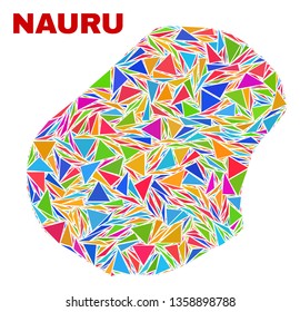 Mosaic Nauru map of triangles in bright colors isolated on a white background. Triangular collage in shape of Nauru map. Abstract design for patriotic purposes.