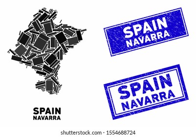 Mosaic Navarra Province map and rectangle watermarks. Flat vector Navarra Province map mosaic of random rotated rectangle elements. Blue caption seals with distress texture.