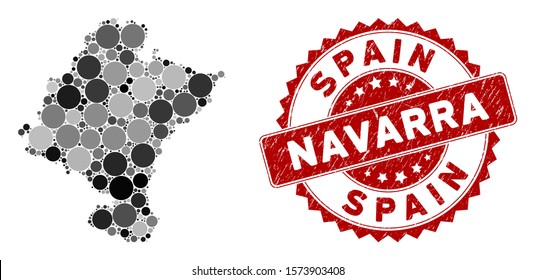 Mosaic Navarra Province map and round seal stamp. Flat vector Navarra Province map mosaic of scattered round items. Red seal with corroded surface. Designed for political and patriotic purposes.