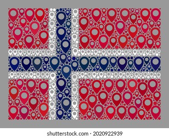 Mosaic navigation Norway flag created with geotargeting icons. Vector mosaic rectangle Norway flag created for navigation purposes. Norway flag collage is shaped with randomized location items.
