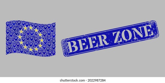Mosaic navigation waving Europe flag constructed with map elements, with textured blue rectangle Beer Zone seal. Vector mosaic windy Europe flag constructed for geotargeting wallpapers.