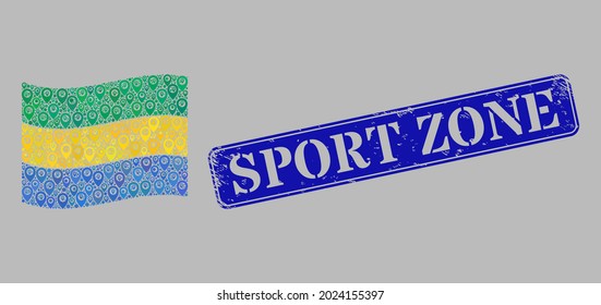 Mosaik Navigation schwingen Gabun Fahne mit Richtungselementen, mit Gummi blauem Rechteck Sport Zone Abzeichen. Vektormosaik schwenkende Flagge Gabuns konstruiert für Navigationszwecke.