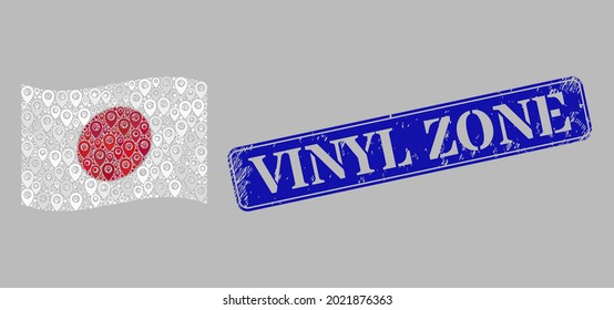 Mosaic navigation waving Japan flag designed with geotargeting items, with distress blue rectangular Vinyl Zone stamp seal. Vector mosaic waving Japan flag combined for targeting projects.