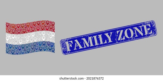 Bandera holandesa de navegación mosaica construida con elementos de posición, con sello de zona familiar rectangular de color azul texturado. Mosaico vectorial ondeando la bandera neerlandesa para las ilustraciones de navegación.