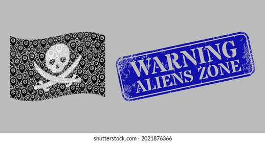 Mosaic navigation waving pirate flag constructed with location elements, with rubber blue rectangular Warning Aliens Zone stamp seal. Vector collage waving pirate flag done for targeting posters.