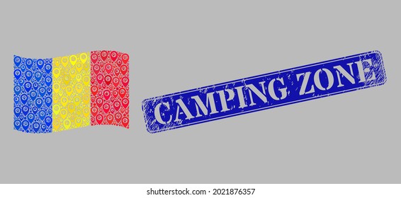 Mosaic navigation waving Romania flag designed with location elements, with scratched blue rectangle Camping Zone stamp. Vector mosaic waving Romania flag designed for navigation purposes.