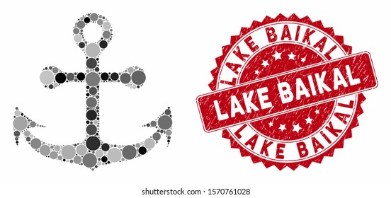 Mosaic navy anchor and corroded stamp seal with Lake Baikal caption. Mosaic vector is formed with navy anchor icon and with random round items. Lake Baikal stamp seal uses red color,