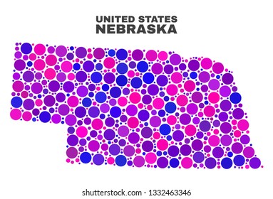 Mosaic Nebraska State map isolated on a white background. Vector geographic abstraction in pink and violet colors. Mosaic of Nebraska State map combined of random circle items.