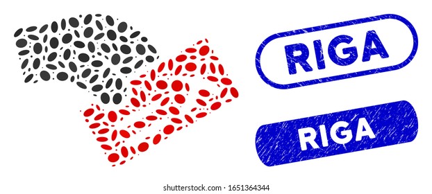 Mosaic negative vote and distressed stamp seals with Riga text. Mosaic vector negative vote is created with random elliptic items. Riga stamp seals use blue color, and have round rectangle shape.