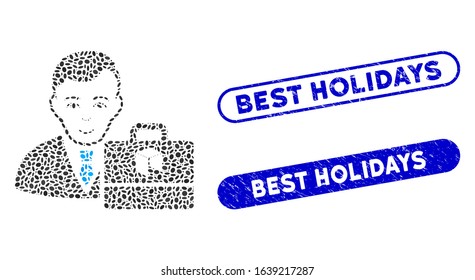 Mosaic neo accounter and distressed stamp seals with Best Holidays caption. Mosaic vector neo accounter is designed with randomized ellipse items. Best Holidays stamp seals use blue color,