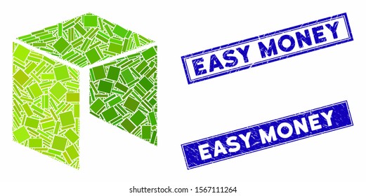 Mosaic neo currency pictogram and rectangular seal stamps. Flat vector neo currency mosaic pictogram of randomized rotated rectangular items. Blue caption stamps with scratched textures.
