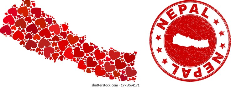 Mosaic Nepal map created with red love hearts, and scratched seal. Vector lovely round red rubber seal stamp imprint with Nepal map inside.