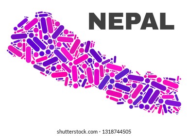 Mosaic Nepal map isolated on a white background. Vector geographic abstraction in pink and violet colors. Mosaic of Nepal map combined of scattered round points and lines.