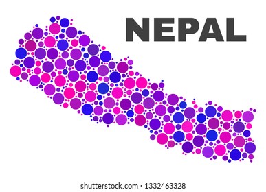 Mosaic Nepal map isolated on a white background. Vector geographic abstraction in pink and violet colors. Mosaic of Nepal map combined of scattered spheric dots.