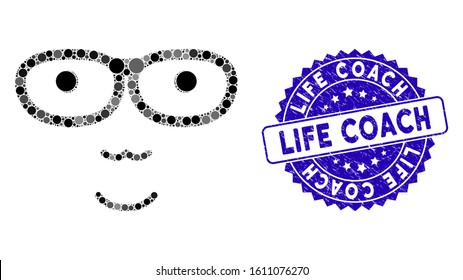 Mosaic nerd face icon and corroded stamp seal with Life Coach phrase. Mosaic vector is formed with nerd face pictogram and with randomized circle spots. Life Coach stamp seal uses blue color,